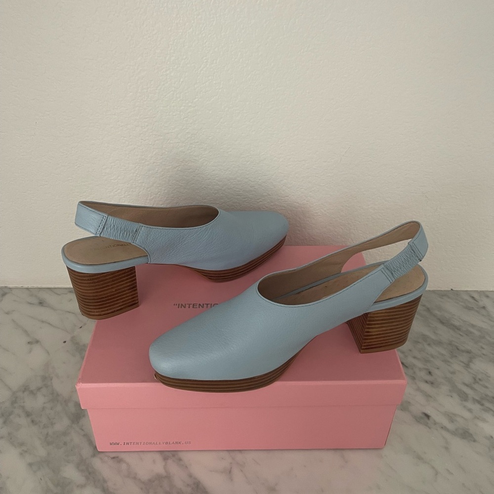 Blue leather sling back heels